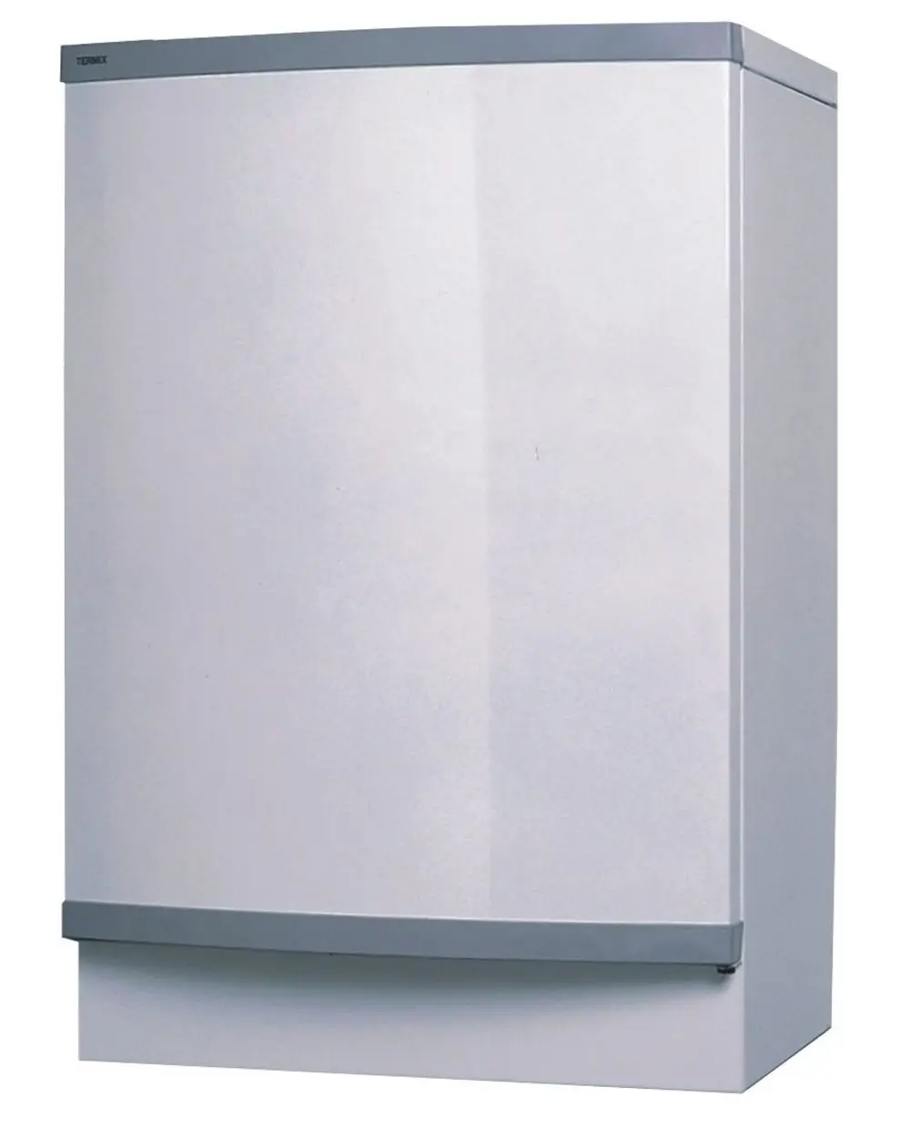Kühlschrank mit einer glatten, hellen Oberfläche und grauem Griff, möglicherweise von Danfoss, steht auf einem neutralen Hintergrund.